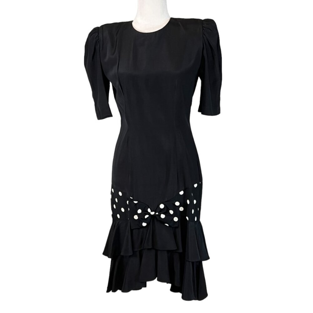 Vintage GACCINA Black Polka Dot Dress Bow Ruffle Hem Retro 80s Size 3/4 Rayon - Picture 2 of 11